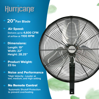 Hurricane 20 Inch Pro Commercial Grade Classic Oscillating Wall Mount Fan, Black
