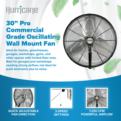 Hurricane 30' Pro Commercial Grade Oscillating Wall Mount Fan, Black (Damaged)