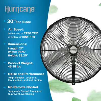 Hurricane 30" Pro Grade Classic Oscillating Wall Mount Fan, Black (For Parts)