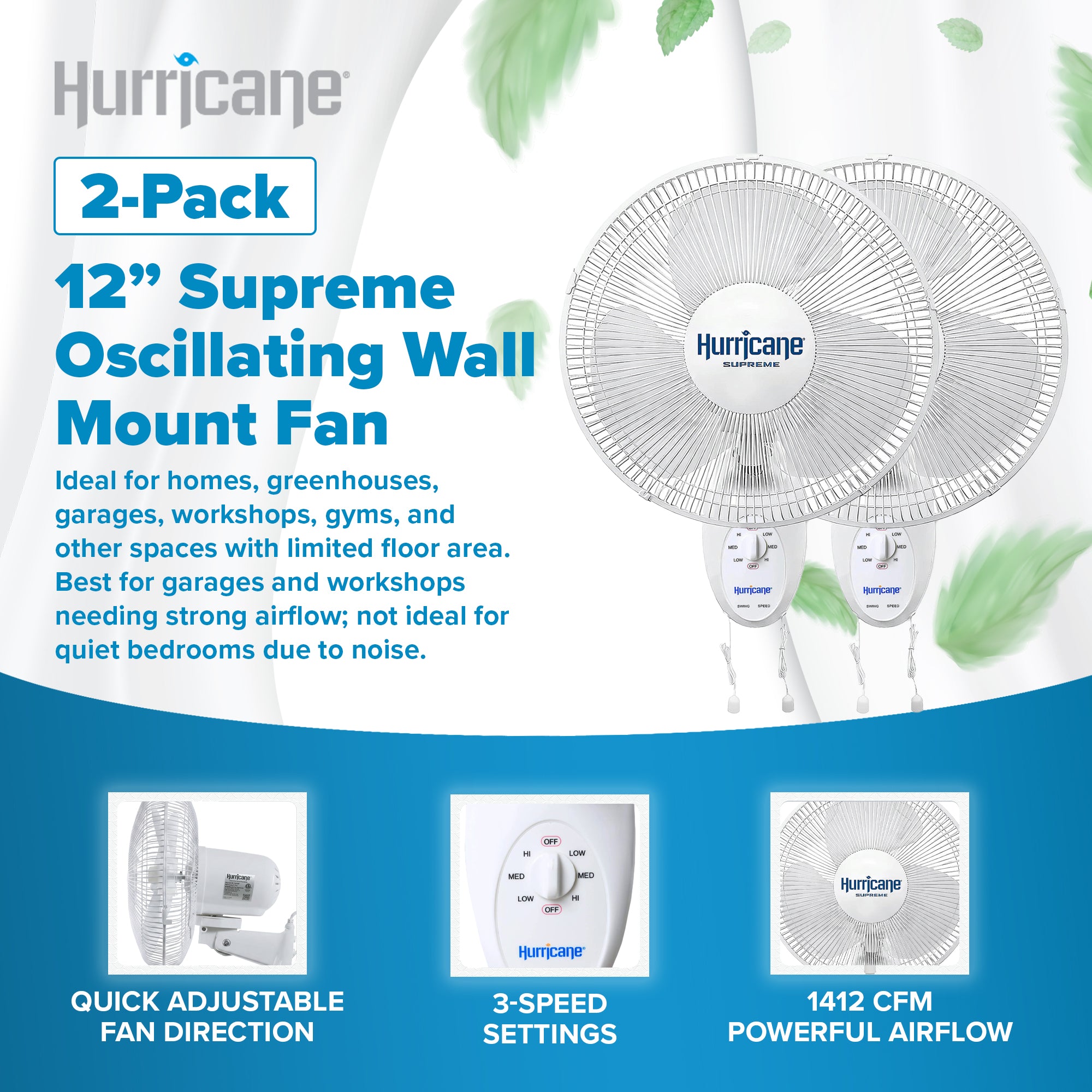 Hurricane Supreme 12 Inch Oscillating 3 Speed Portable Wall Mount Fan, 2 Pack - VMInnovations