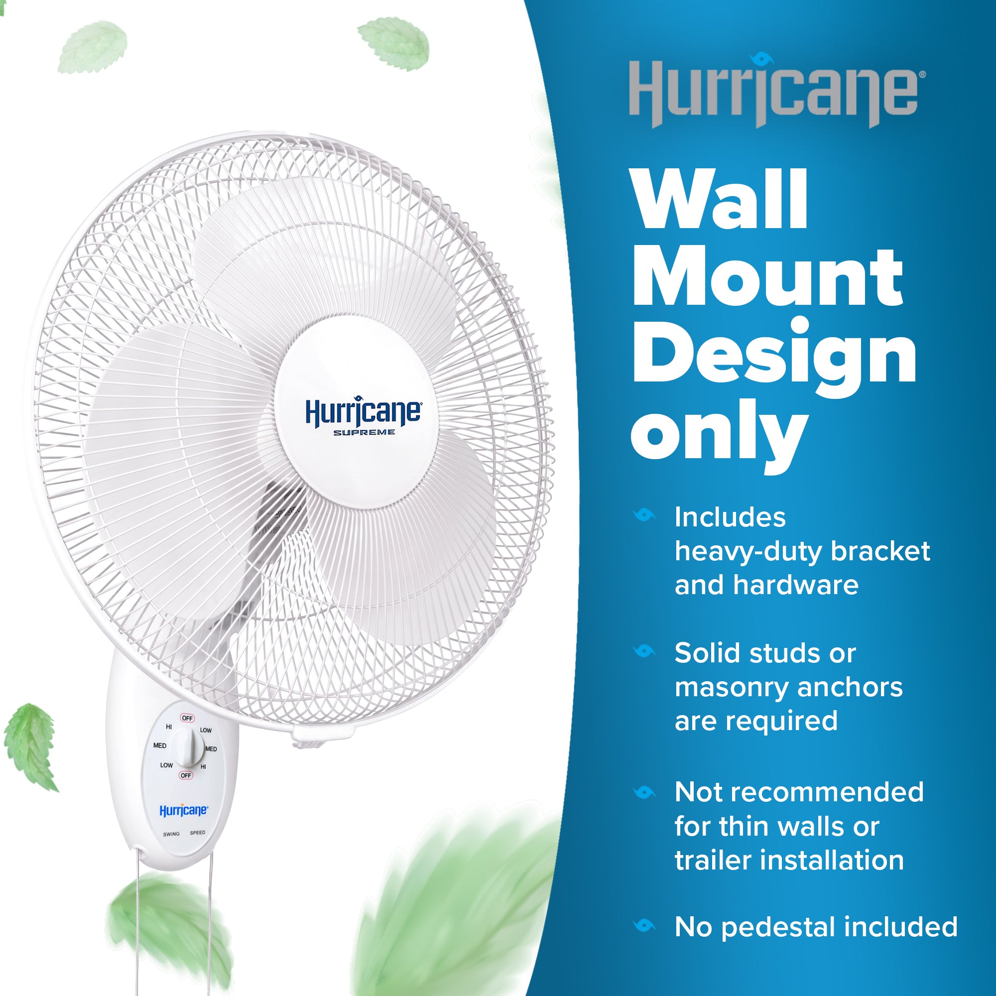 Hurricane Supreme 12 Inch Oscillating 3 Speed Portable Wall Mount Fan, 2 Pack - VMInnovations
