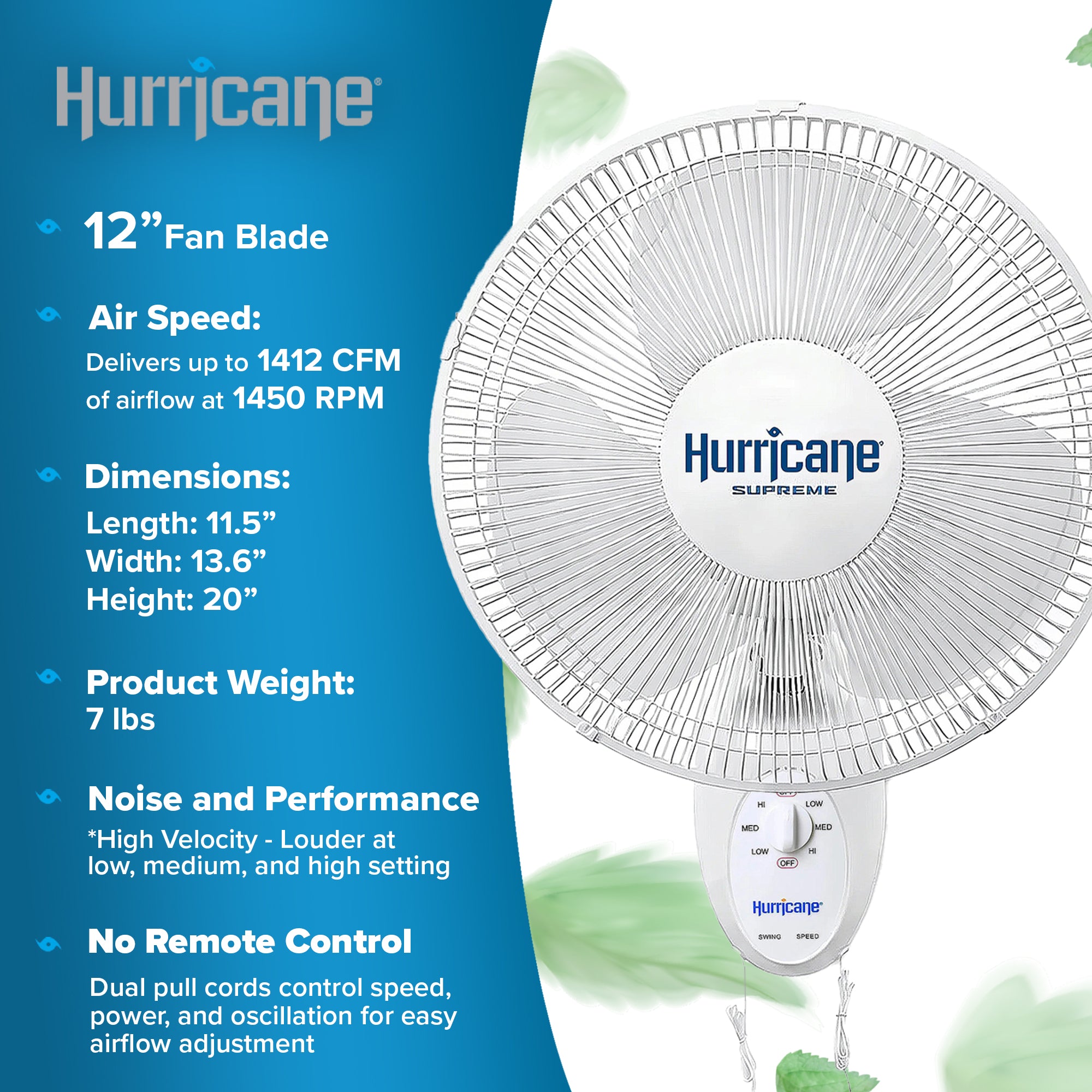 Hurricane Supreme 12 Inch Oscillating 3 Speed Portable Wall Mount Fan, 2 Pack - VMInnovations