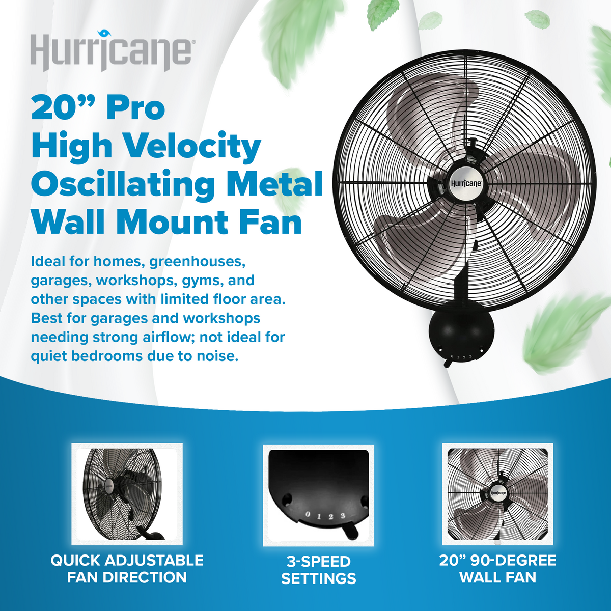 Hurricane 20 Inch Pro Series Metal Wall Mount Heavy Duty Hydroponics Fan, Black