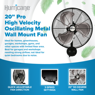 Hurricane 20 Inch Pro Series Metal Wall Mount Heavy Duty Hydroponics Fan, Black