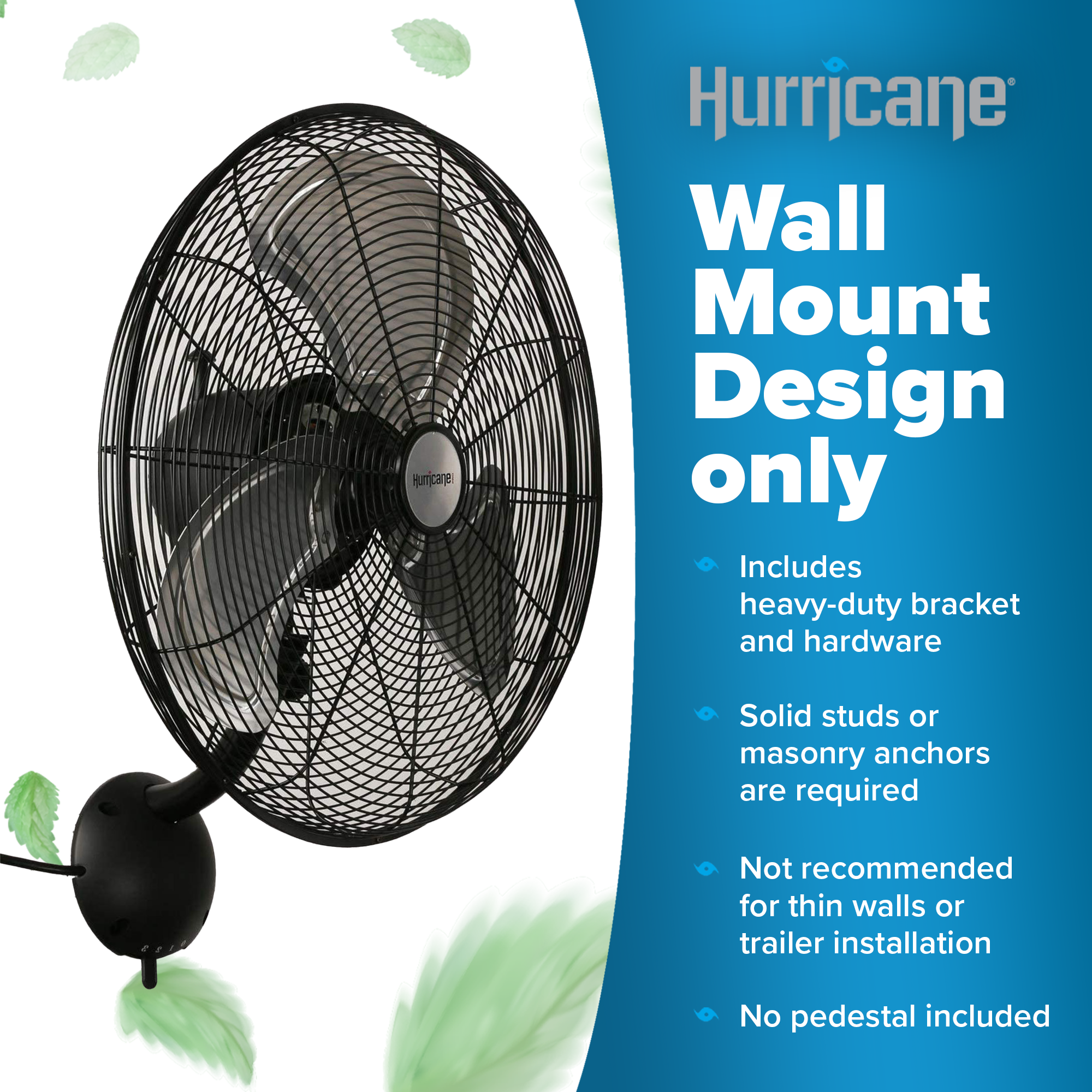 Hurricane 20 Inch Pro Series Metal Wall Mount Heavy Duty Hydroponics Fan, Black