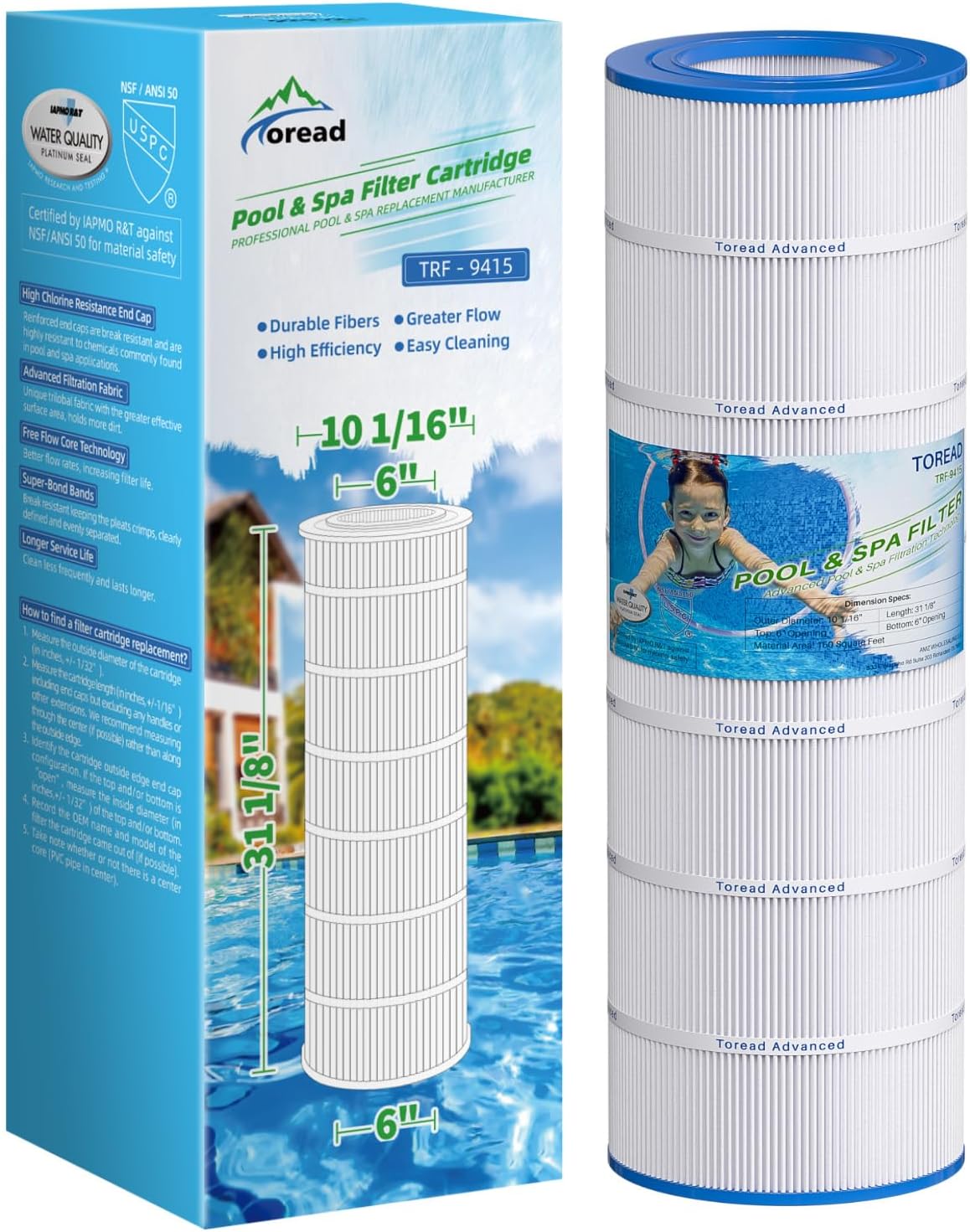 CC150 Pool Filter Replaces Pentair Clean and Clear 150, CCRP150, PAP150, PAP150-4, Ultral-C4, PP-C4, Unicel C-9415, R173216, 59054300, Filbur FC-0687, 160317, 160355, 160352, L x OD: 31 1/8" x10 1/16" - VMInnovations