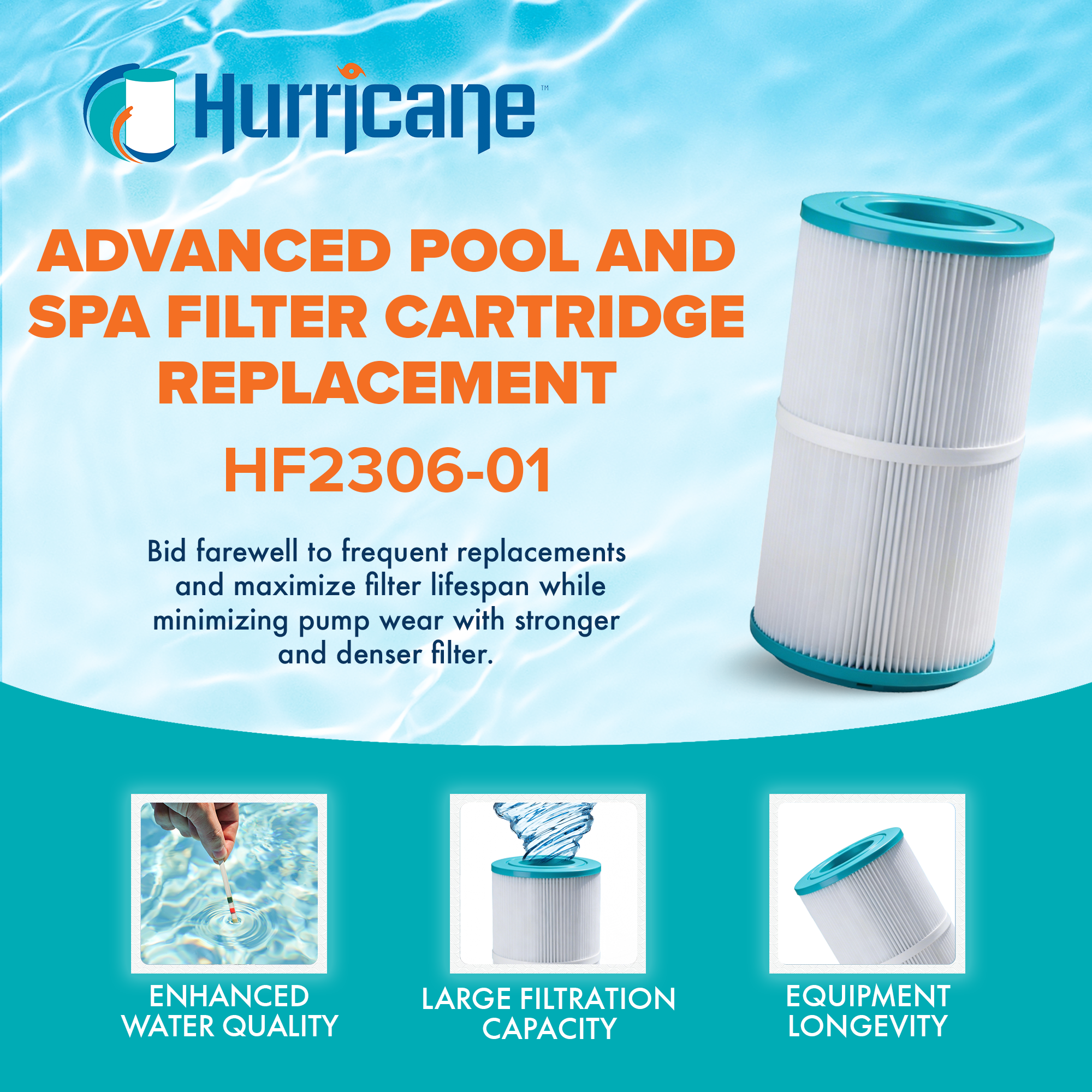 Hurricane HF2306-01 Advanced Pool and Spa Filter Cartridge Replacement, White - VMInnovations