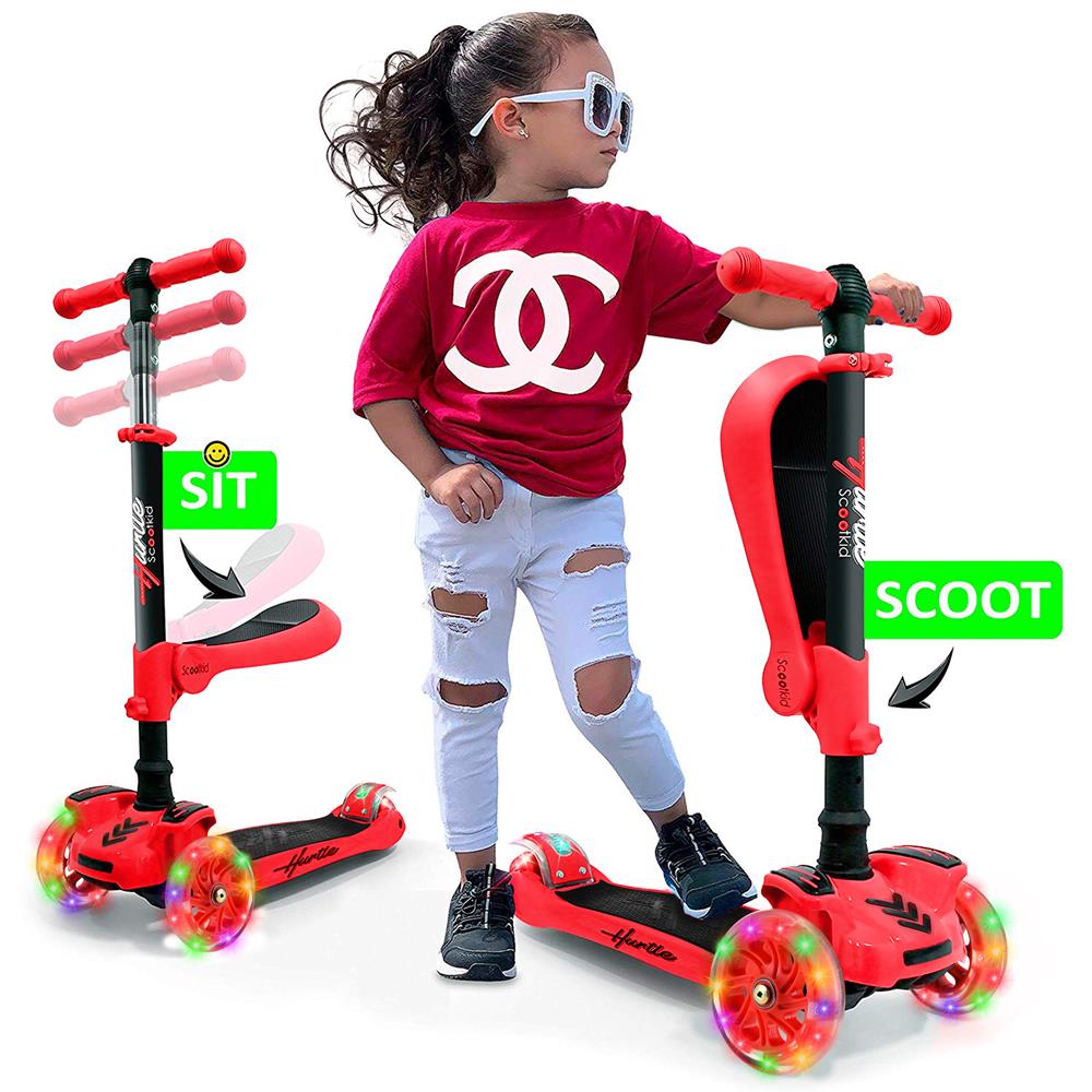 Hurtle ScootKid 3 Wheel Toddler Child Ride On Toy Scooter w/ LED Wheels, Red