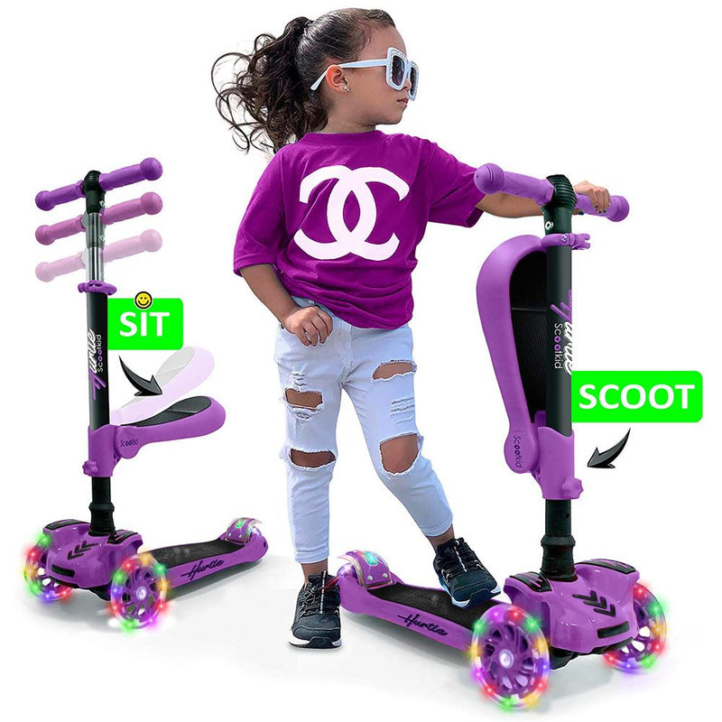 Hurtle ScootKid 3 Wheel Toddler Ride On Toy Scooter w/LED Wheels, Purple
