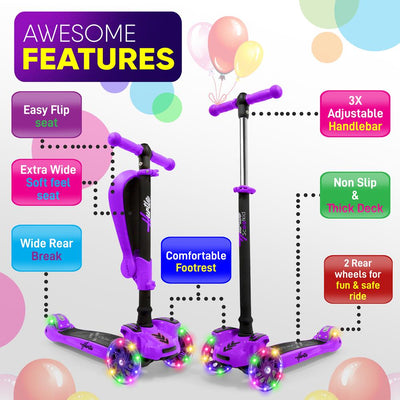 Hurtle ScootKid 3 Wheel Toddler Ride On Toy Scooter w/LED Wheels, Purple (Used) - VMInnovations