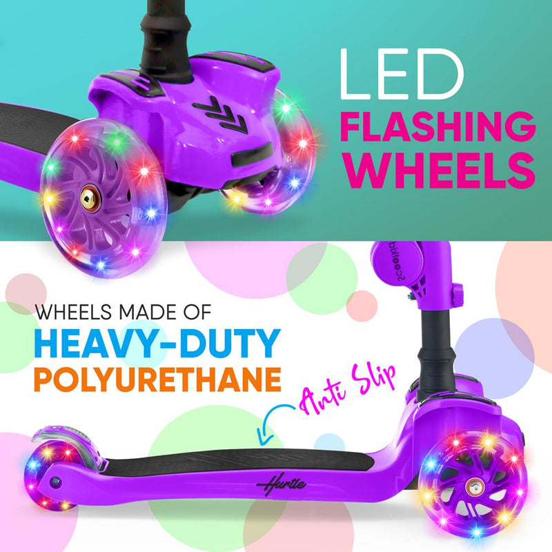 Hurtle ScootKid 3 Wheel Toddler Ride On Toy Scooter w/LED Wheels, Purple