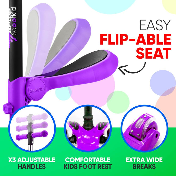 Hurtle ScootKid 3 Wheel Ride On Toy Scooter w/LED Wheels, Purple (Open Box) - VMInnovations