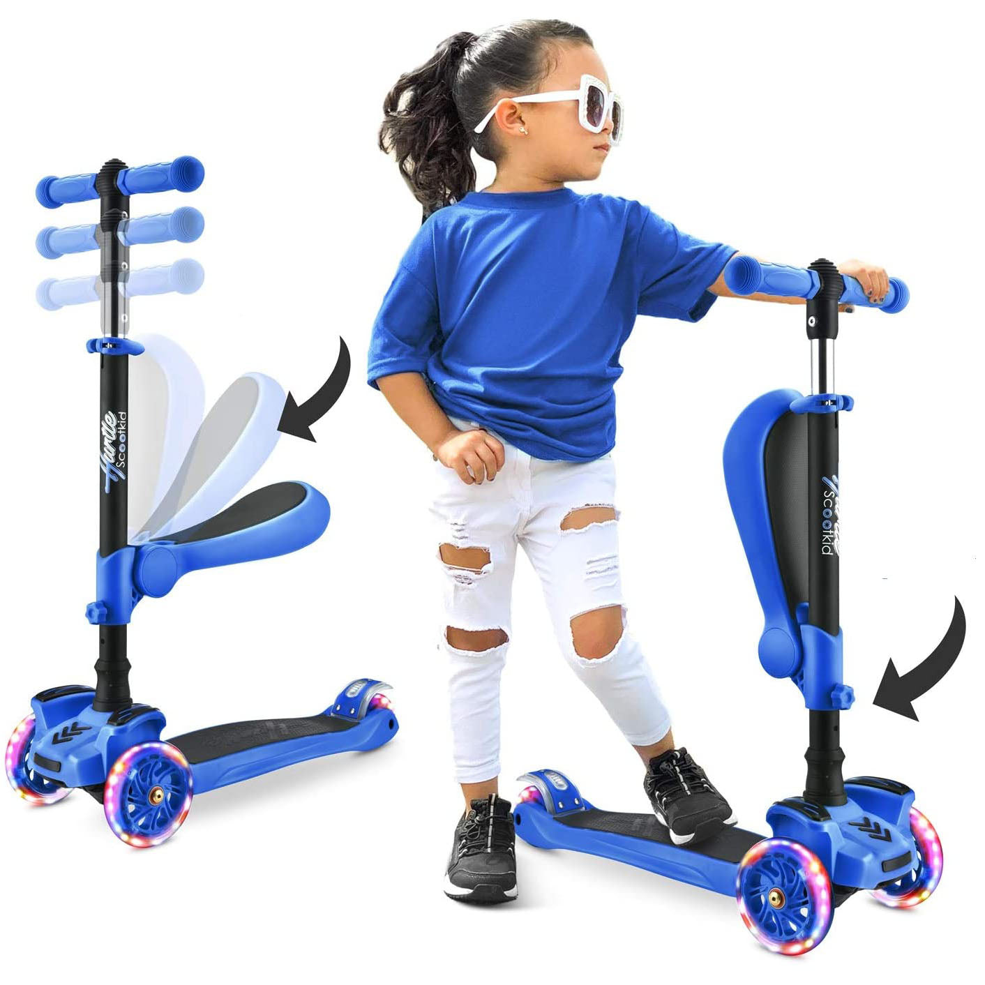 Hurtle ScootKid 3 Wheel Toddler Child Ride On Toy Scooter w/ LED Wheels, Blue - VMInnovations