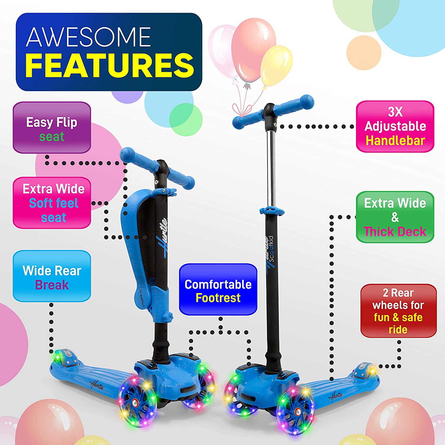 Hurtle ScootKid 3 Wheel Toddler Child Ride On Toy Scooter w/ LED Wheels, Blue - VMInnovations