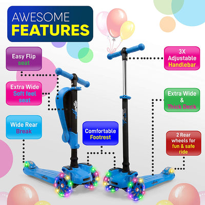 Hurtle ScootKid 3 Wheel Child Ride On Toy Scooter w/ LED Wheels, Blue (Open Box) - VMInnovations