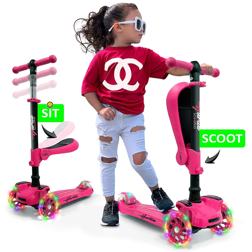 Hurtle ScootKid 3 Wheel Toddler Child Ride On LED Wheel Scooter, Pink (2 Pack) - VMInnovations
