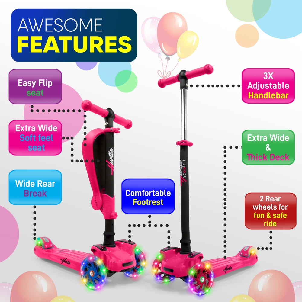 Hurtle ScootKid 3 Wheel Toddler Child Ride On Toy Scooter w/ LED Wheels, Pink - VMInnovations