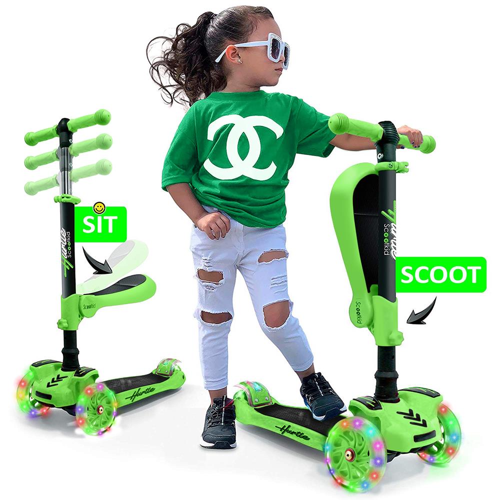 Hurtle ScootKid 3 Wheel Child Ride On Toy Scooter w/ LED Wheels, Green (2 Pack)
