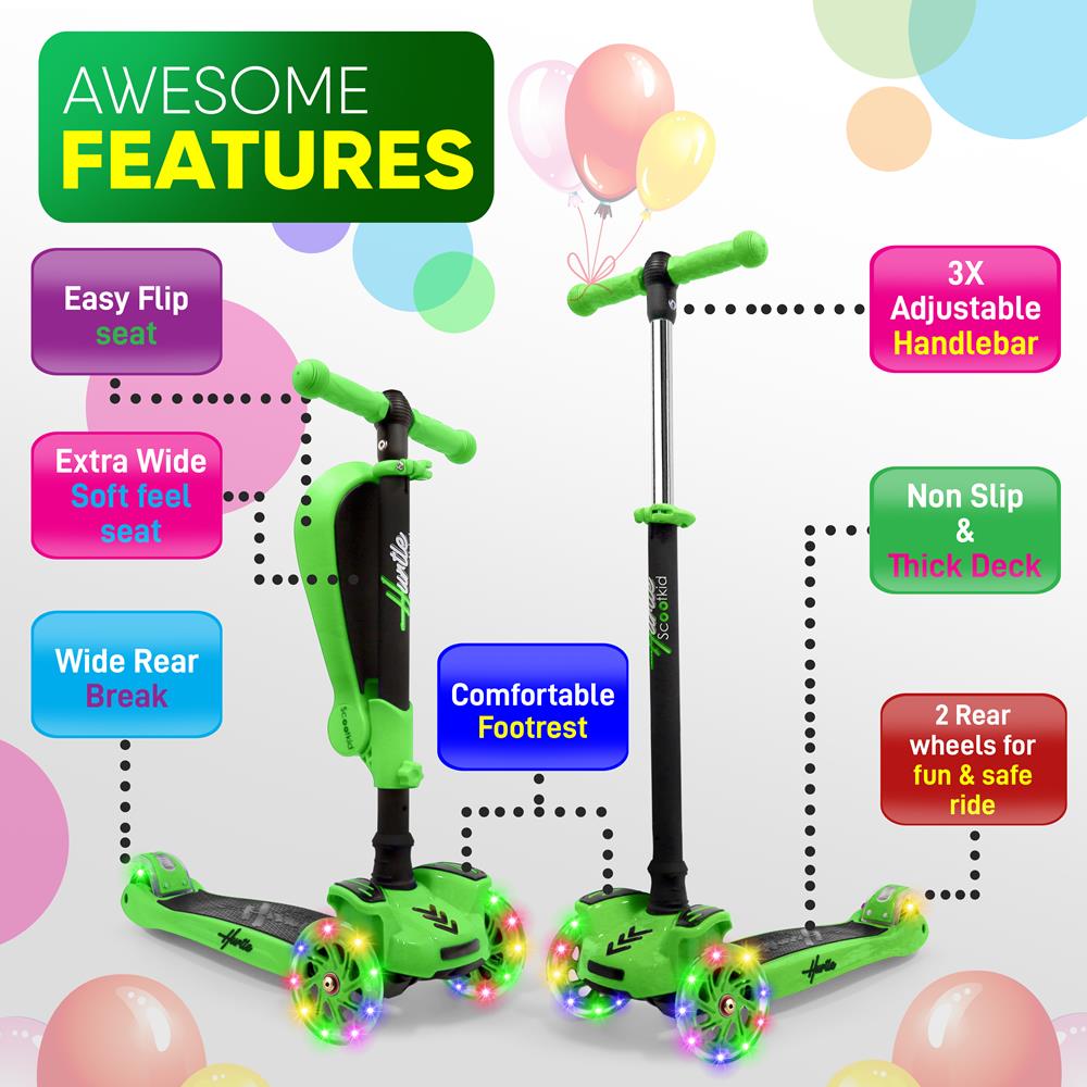 Hurtle ScootKid 3 Wheel Child Ride On Toy Scooter w/ LED Wheels, Green(Open Box) - VMInnovations