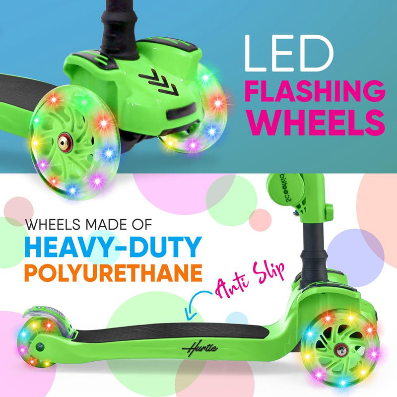 Hurtle ScootKid 3 Wheel Toddler Child Ride On Toy Scooter w/ LED Wheels, Green