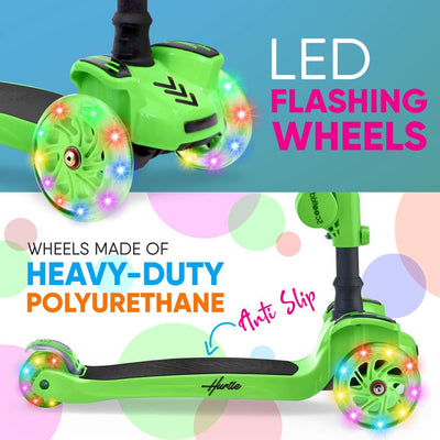Hurtle ScootKid 3 Wheel Child Ride On Toy Scooter w/ LED Wheels, Green (2 Pack)