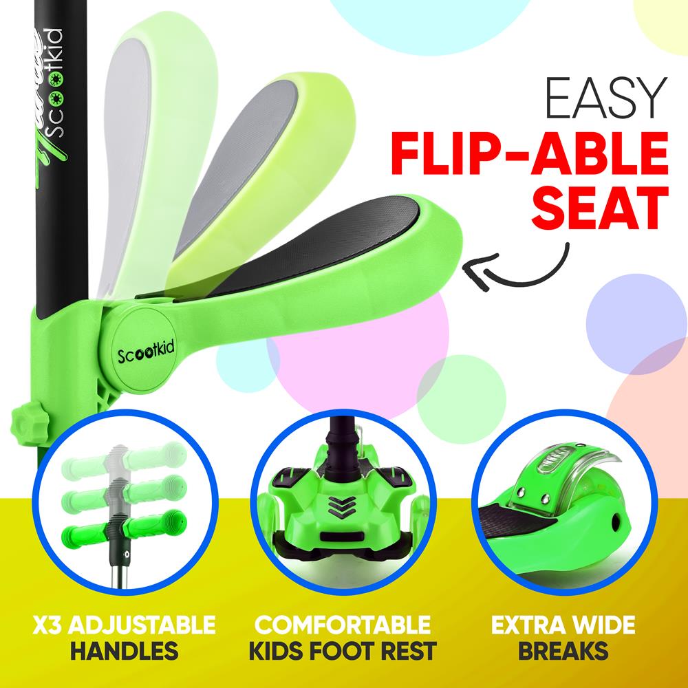 Hurtle ScootKid 3 Wheel Child Ride On Toy Scooter w/ LED Wheels, Green(Open Box) - VMInnovations