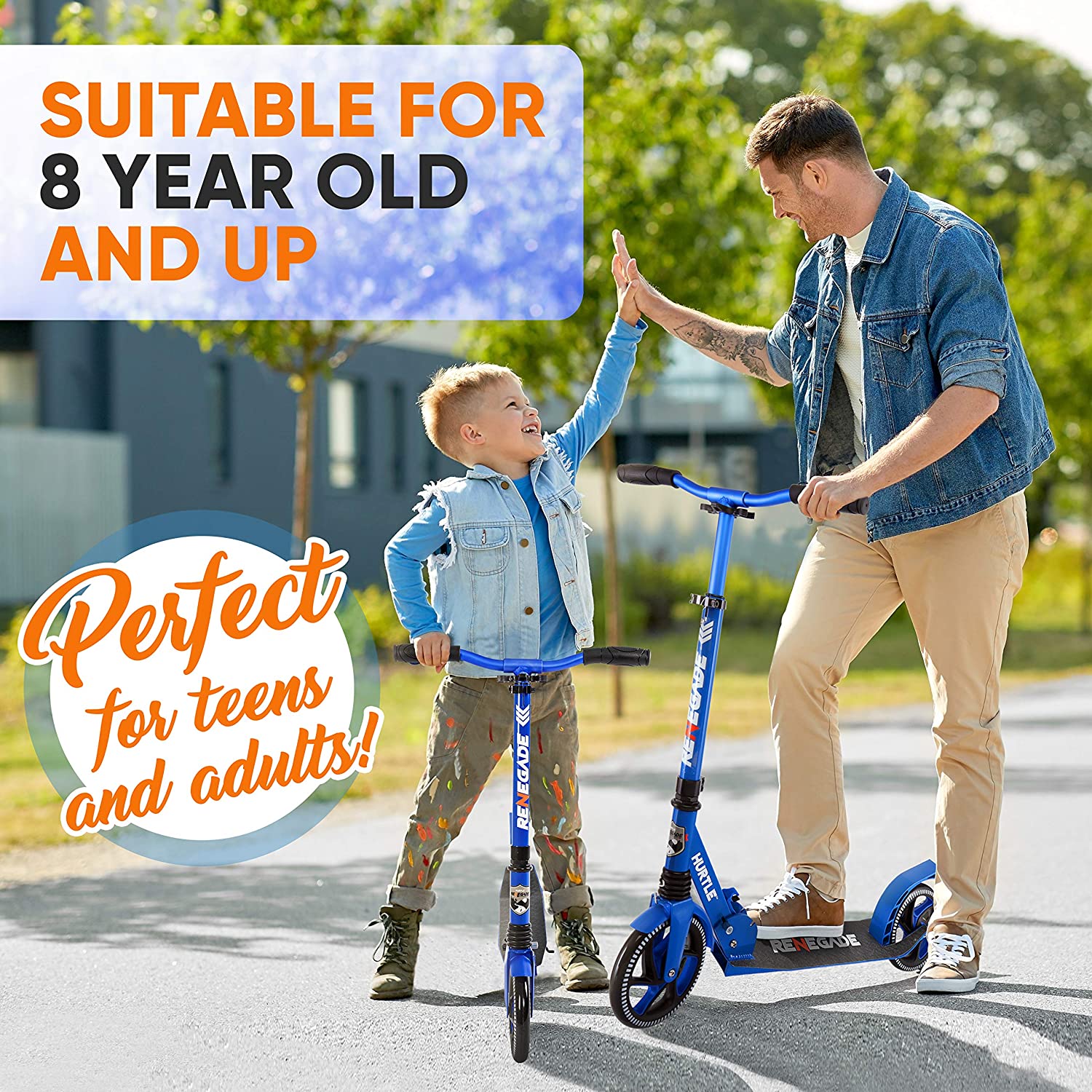 Hurtle Renegade Lightweight Foldable Teen and Adult Commuter Kick Scooter, Blue - VMInnovations