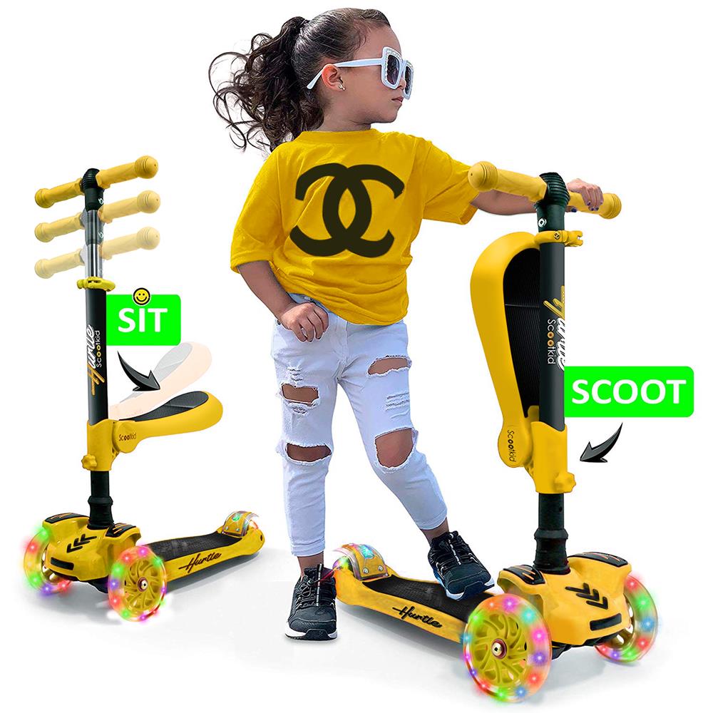 Hurtle ScootKid 3 Wheel Ride On Toy Scooter w/ LED Wheels, Yellow (For Parts)