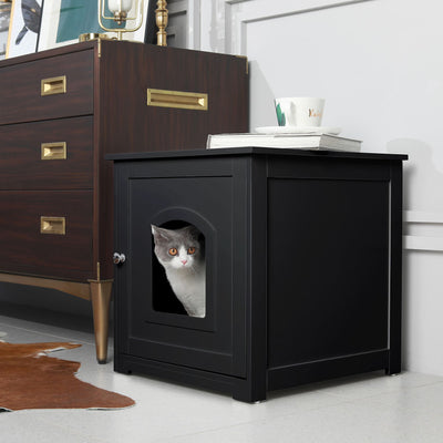 Merry Products Pet Cat Washroom Bench Box with Removable Partition Wall, White + zoovilla Kitty Litter Loo Indoor Hidden Litter Box Furniture Enclosure, Black - VMInnovations
