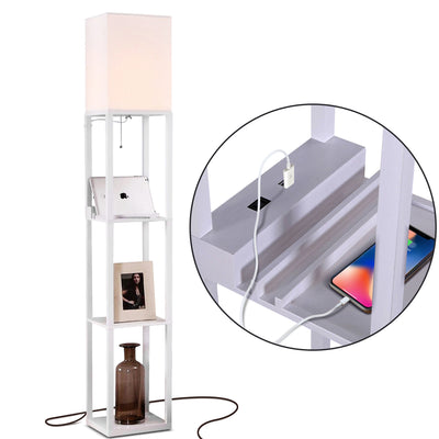 Brightech Maxwell Standing Tower Floor Lamp with Shelves and USB Port, White