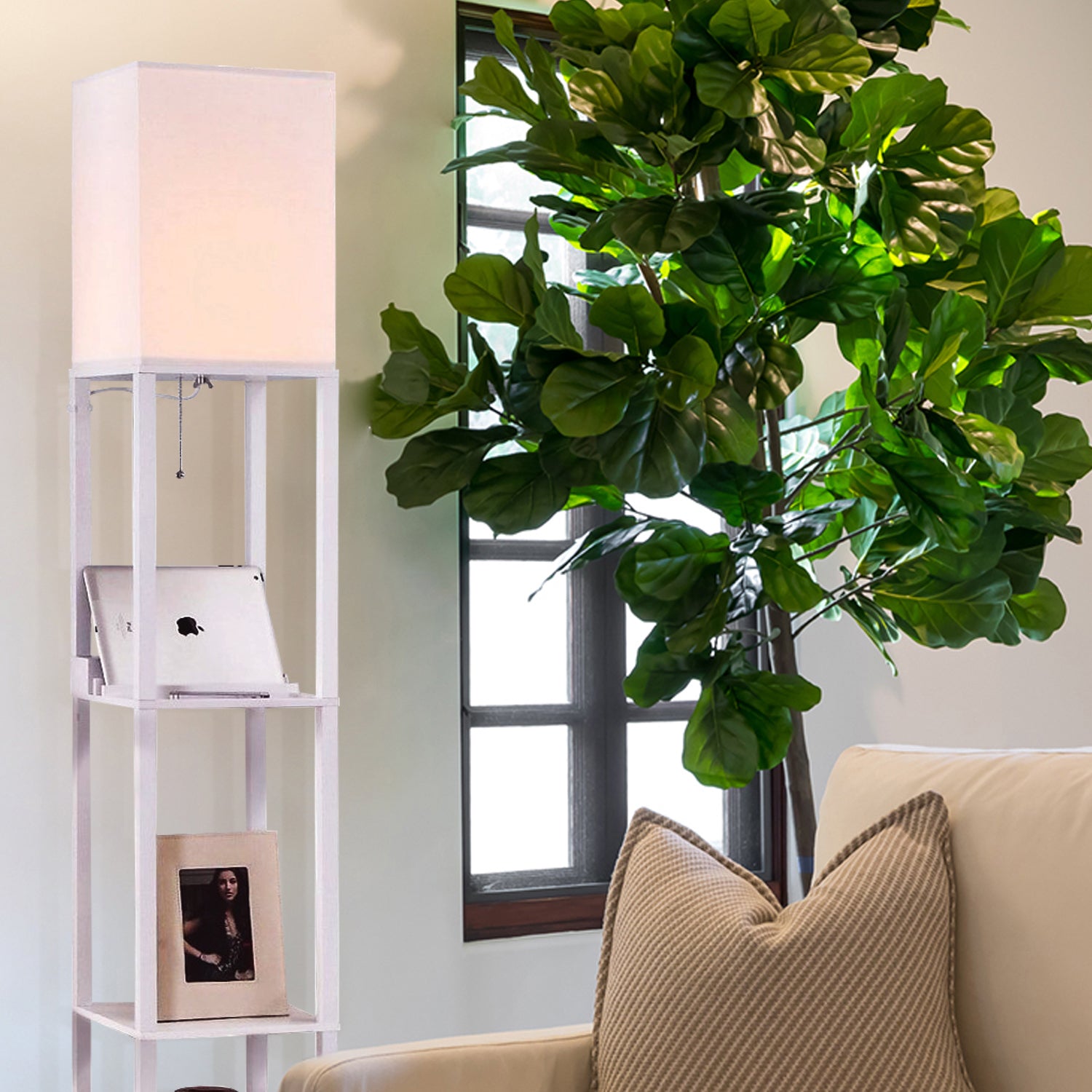 Brightech Maxwell Standing Tower Floor Lamp with Shelves and USB Port, (2 Pack)