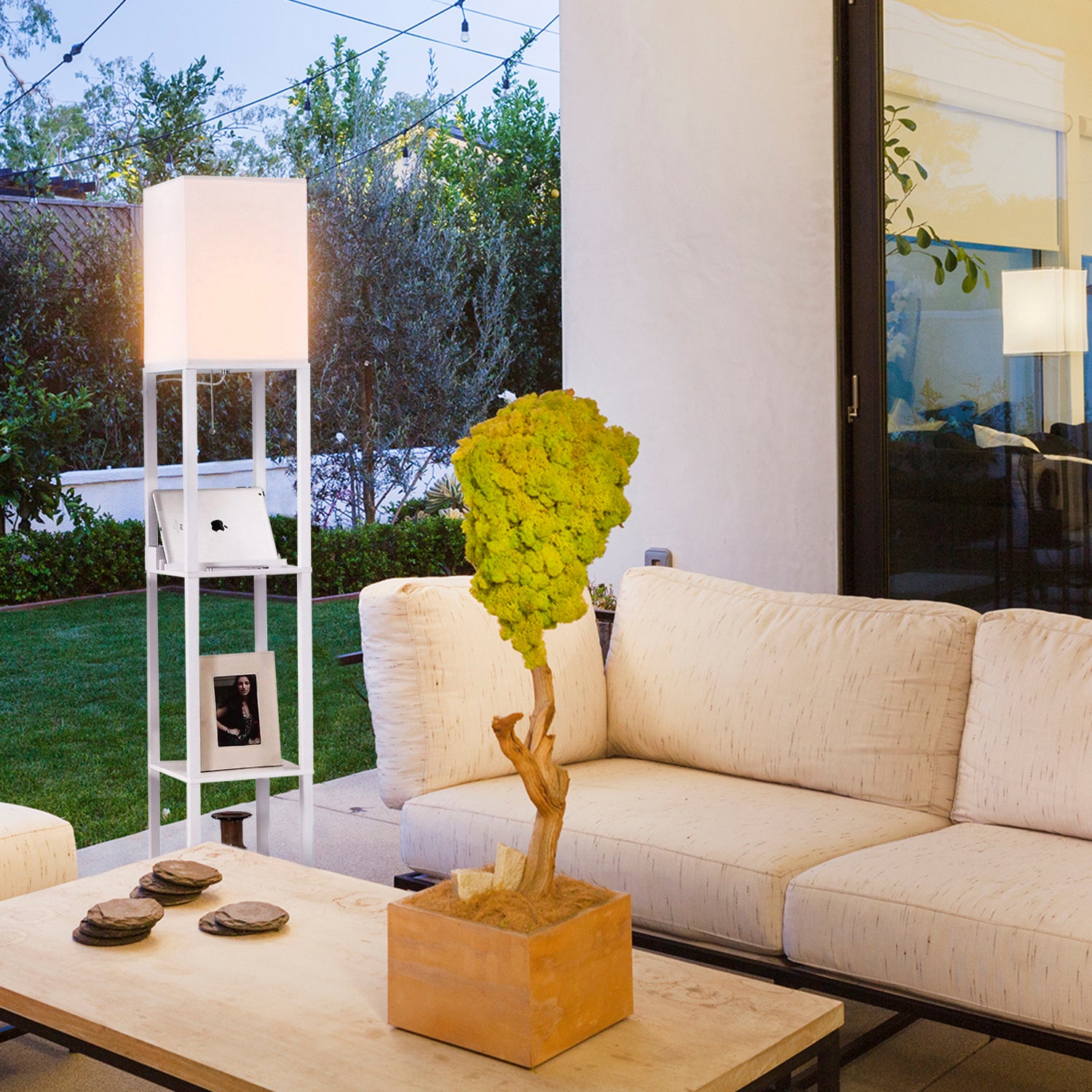 Brightech Maxwell Standing Tower Floor Lamp with Shelves and USB Port, (2 Pack)