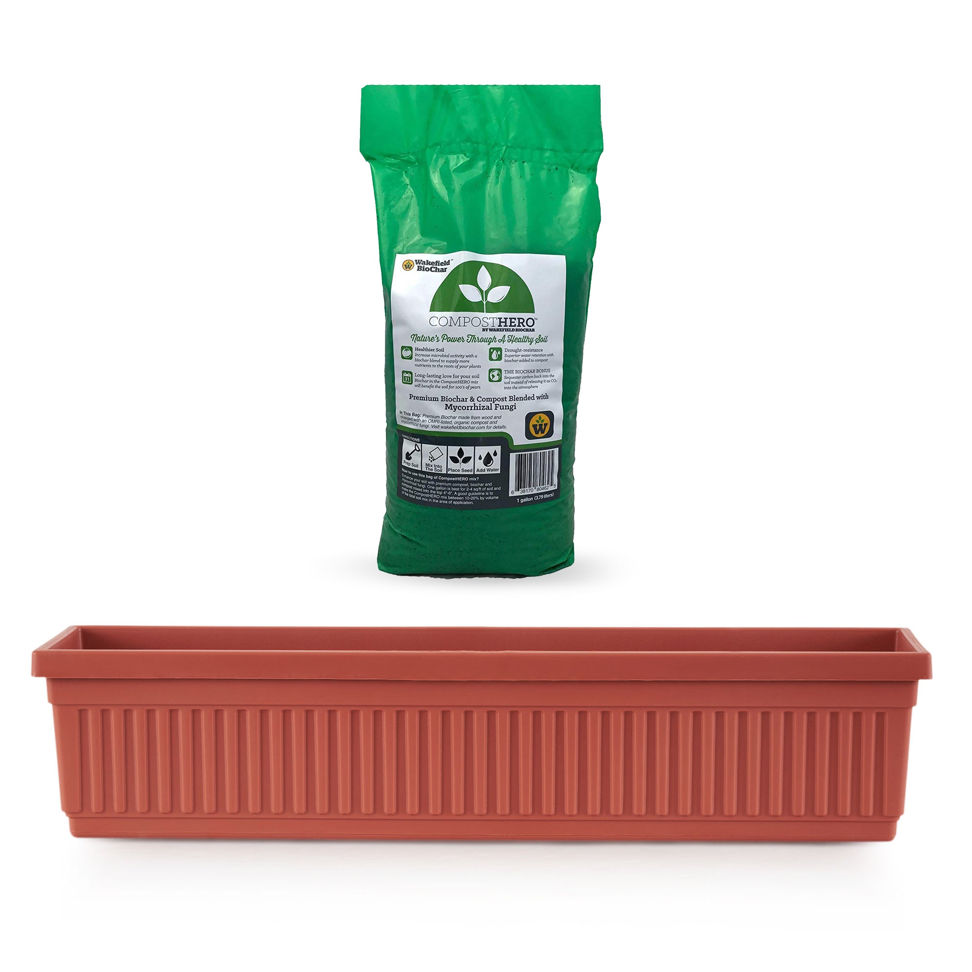 HC Companies 30in Fluted Venetian Window Box, Clay & Wakefield HERO 1gal Compost