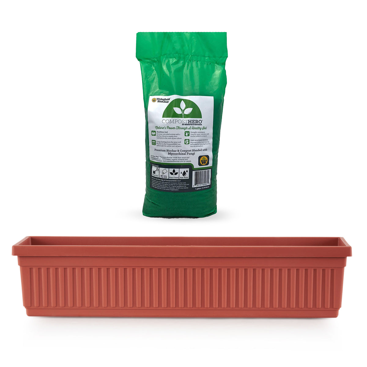 HC Companies 30in Fluted Venetian Window Box, Clay & Wakefield HERO 1gal Compost