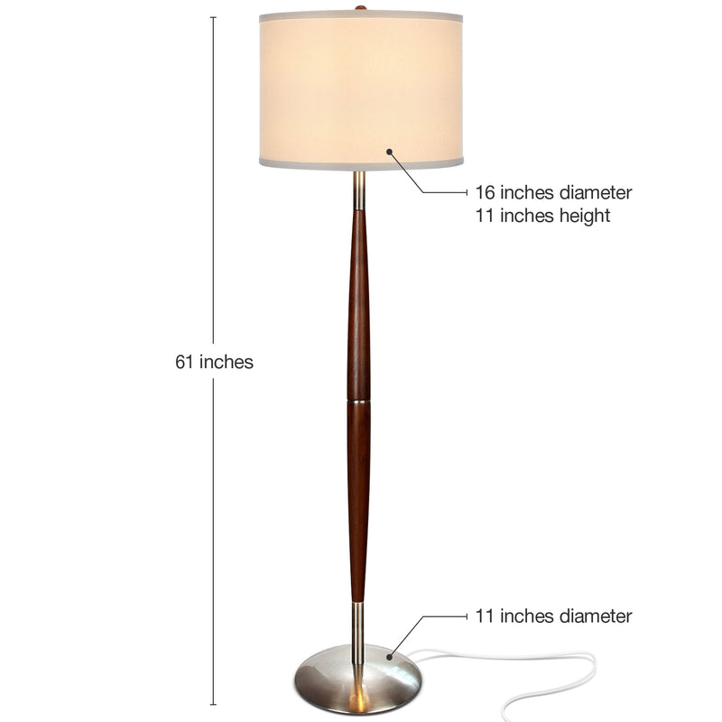 Brightech Lucas Tall Free Standing LED Mid Century Wood Floor Lamp w/ Drum Shade