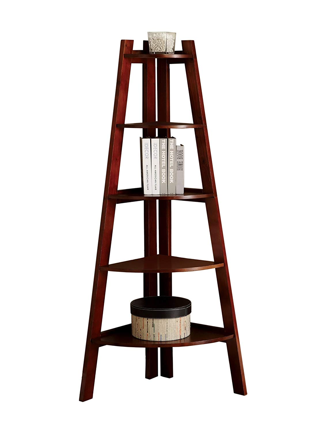 Furniture of America Lyss 5 Tier Wooden Corner Ladder Shelf, Cherry (Open Box)