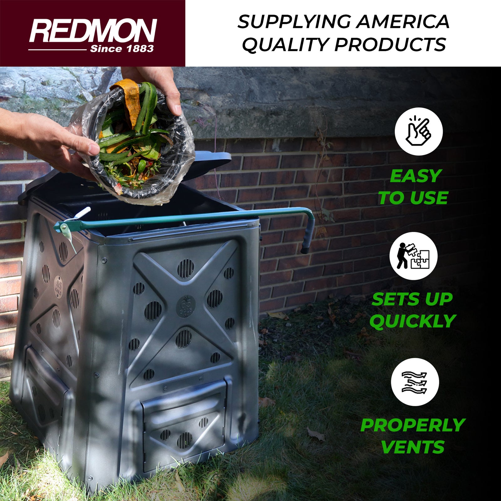 Redmon 65 Gal Capacity Compost Bin w/ Lift Off Lid and 4 Door Access (For Parts) - VMInnovations