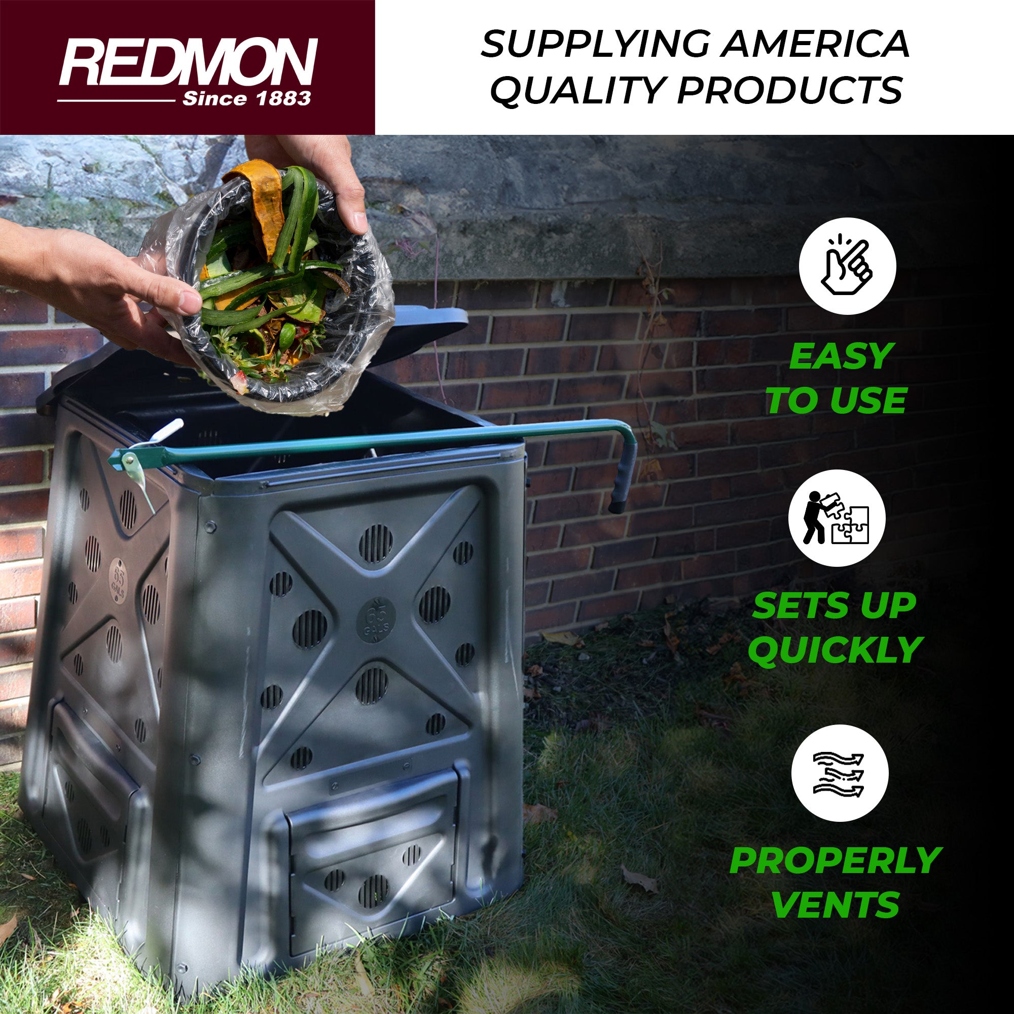 Redmon 65GAL Capacity Compost Bin w/Lift Off Lid & 4 Door Access Black(Open Box)