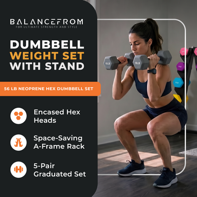 BalanceFrom Fitness 2, 3, 5, 8 & 10 Pound Neoprene Coated Dumbbell Set with Rack