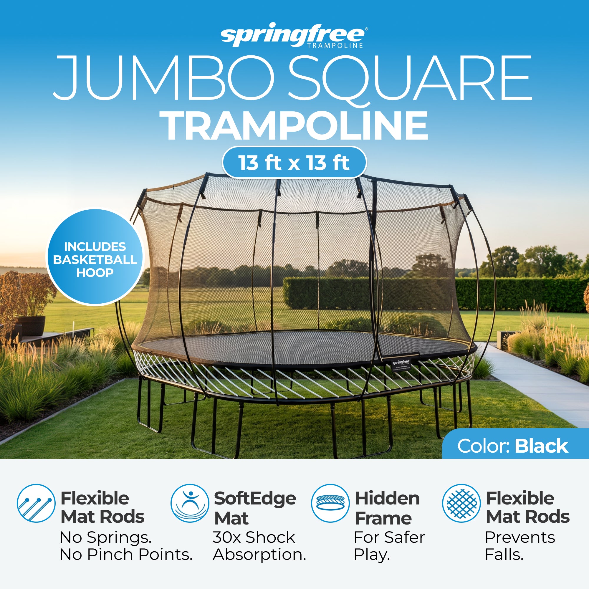 Springfree Trampoline Kids Square 13 Foot Trampoline & FlexrHoop Basketball Game