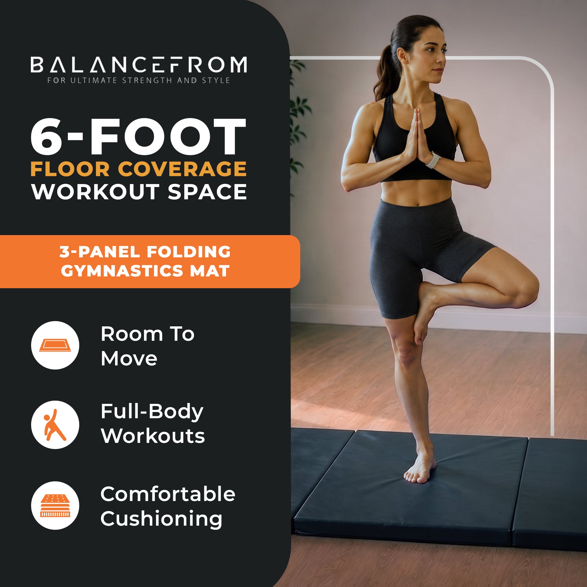 BalanceFrom Fitness GoGym 6x2ft Folding 3 Panel Exercise Mat with Handles, Black - VMInnovations