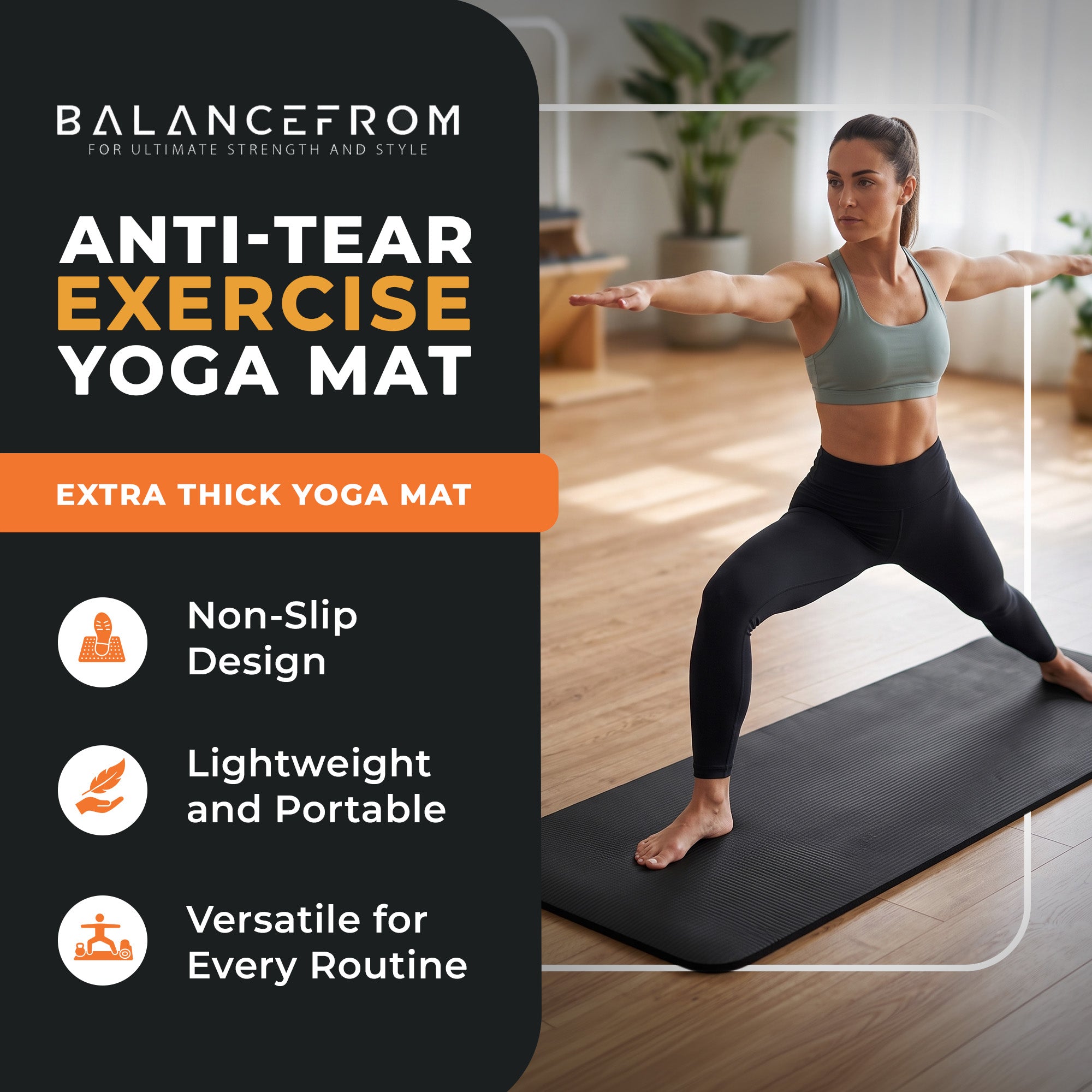 BalanceFrom Fitness 71x24in Anti Tear Yoga Mat with Strap, Black (Open Box)