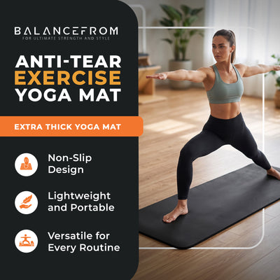 BalanceFrom Fitness 71x24in Anti Tear Yoga Mat with Strap, Black (Open Box)