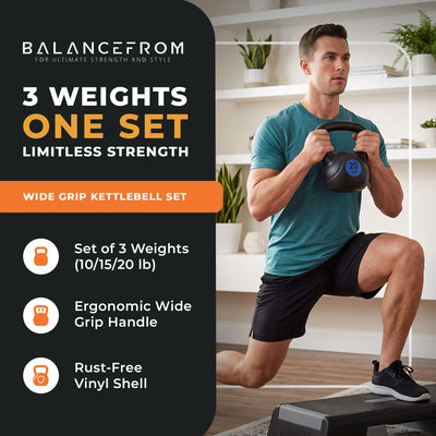 BalanceFrom Kettlebell  Exercise Weights, Set of 3, 10, 15, and 20Lb (Open Box) - VMInnovations