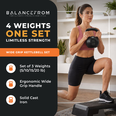 BalanceFrom Cast Iron Kettlebell Set for Home Gym, 5 lb, 10 lb, 15 lb, & 20 lb
