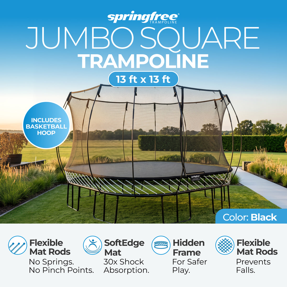 Springfree Trampoline Kids Square 13 Foot Trampoline & FlexrHoop Basketball Game