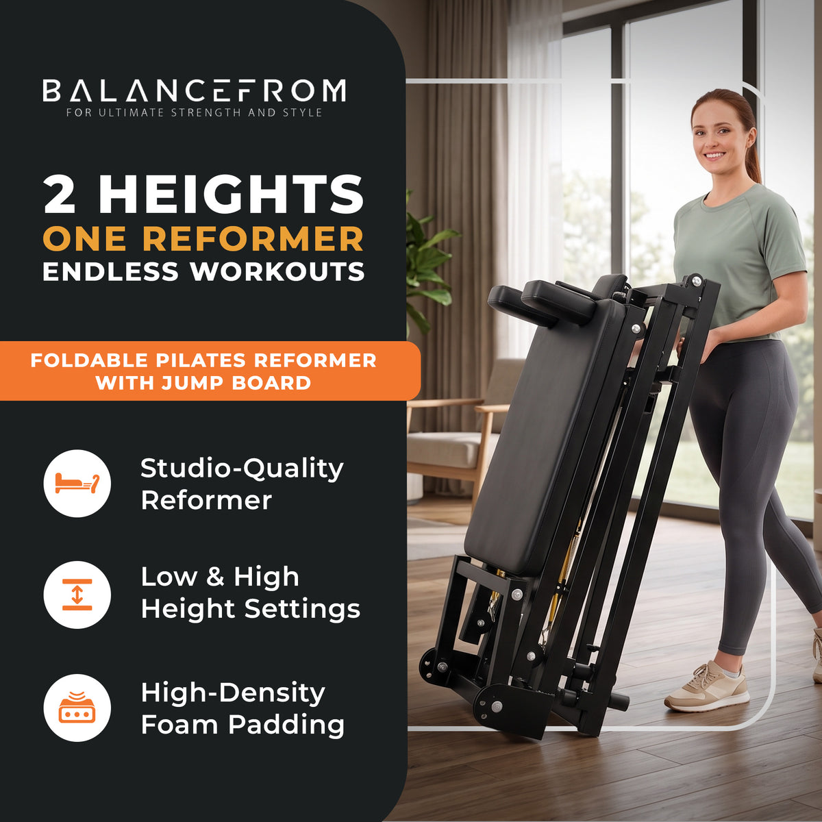 Foldable Pilates Reformer Machine w/ Adjustable Heights & Jump Board (Open Box)