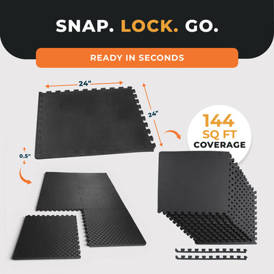 BalanceFrom Fitness 144 Sq Ft Interlocking EVA Foam Exercise Mat Tiles, Black