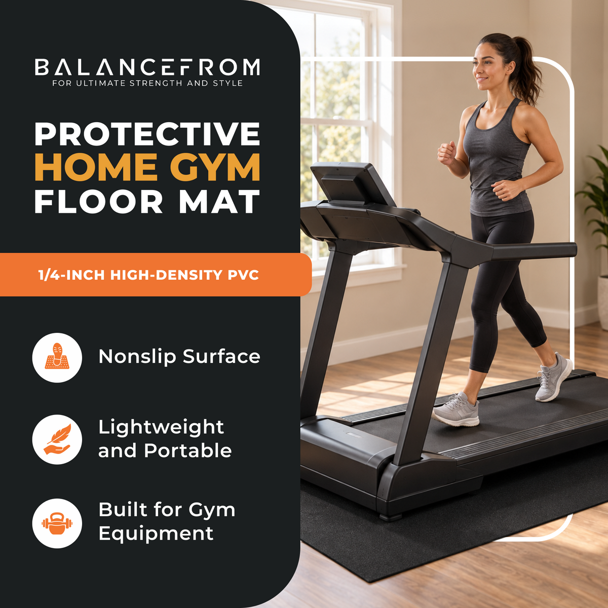 BalanceFrom High-Density Home Gym Equipment Mat, 1/4-Inch PVC Protective Floor Mat for Treadmills, Exercise Bikes, and Fitness Machines, 6' x 4'