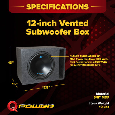 Planet Audio 12" 1800W DVC Subwoofer and Single 12" Vented Sub Box Enclosure